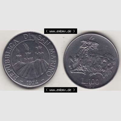 Aus offiziellen Münzensatz / KMS 1974 San Marino vor Euro 1974-1974, 100 Lire, L.100 MINGUZZI MONASSI INC. (3) Sammlung