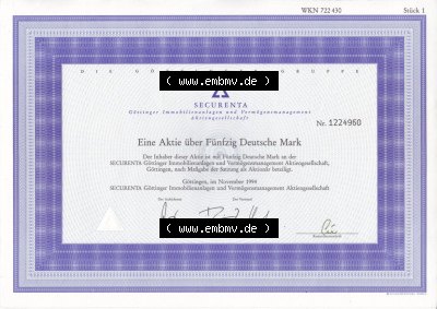 Alte Wertpapiere Bundesrepublik Deutschland in Deutsche Mark 1994, 50 DM, Securenta Göttinger Immobilienanlagen, Eine Aktie über... Sammlung