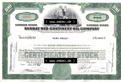 Alte Wertpapiere Amerikanische Öl-Gesellschaften 1957, Sunray MID-Continent Oil Company, Stammaktie Common Stock 100 Shares-Aktien... Sammlung