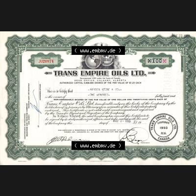 Alte Wertpapiere Amerikanische Öl-Gesellschaften 1955, Trans Empire Oils LTD., one Hundred, Zertifikat für 100 Aktien (1) Sammlung