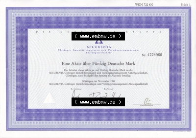 Alte Wertpapiere Bundesrepublik Deutschland in Deutsche Mark 1994, 50 DM, Securenta Göttinger Immobilienanlagen, Eine Aktie über... Sammlung