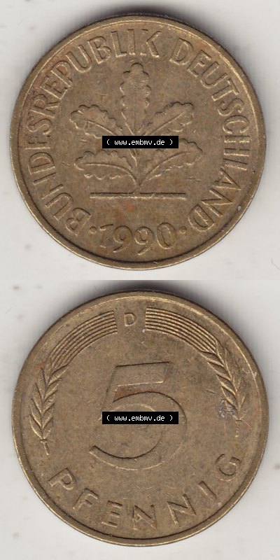 Münzen Deutschland 5 Pfennig-Deutsche Mark 1950-2001, 5 Pfennig, 1990 D-1 (4) Sammlung