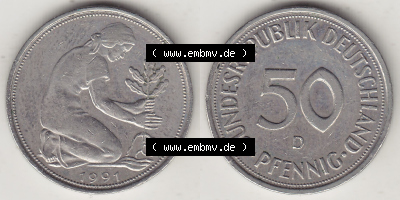 Münzen Deutschland 50 Pfennig der Deutschen Mark 1950-2001, 50 Pfennig 1991 D-1 (3) Sammlung