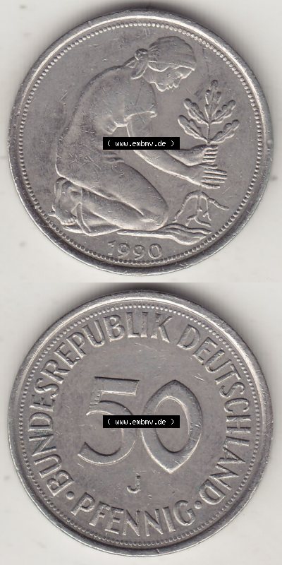 Münzen Deutschland 50 Pfennig der Deutschen Mark 1950-2001, 50 Pfennig 1990 J-1 (4) Sammlung