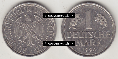 BRD Münzen 1 DM, Umlaufmünze 1950-2001, 1 DM Deutsche Mark, 1990 J-1. Vorderseite und Rückseite der Münze aus Deutschland Sammlung