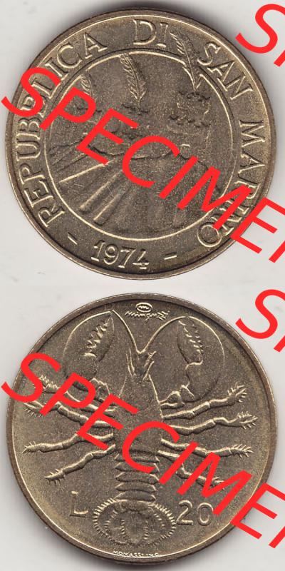 Aus offiziellen Münzensatz / KMS 1974 San Marino vor Euro 1974-1974, 20 Lire, L.20 MINGUZZI MONASSI INC. (4) Sammlung