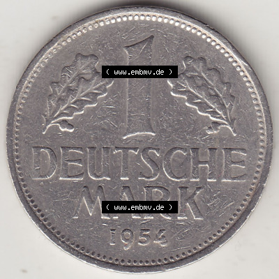 BRD Münzen 1 DM, Umlaufmünze 1950-2001, 1 DM Deutsche Mark, 1954 G-1. Rückseite der Münze aus Deutschland Sammlung