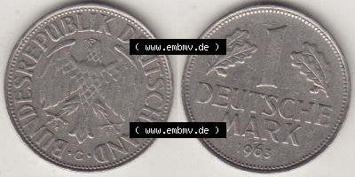 BRD Münzen 1 DM, Umlaufmünze 1950-2001, 1 DM Deutsche Mark, 1963 G-1. Vorderseite und Rückseite der Münze aus Deutschland Sammlung