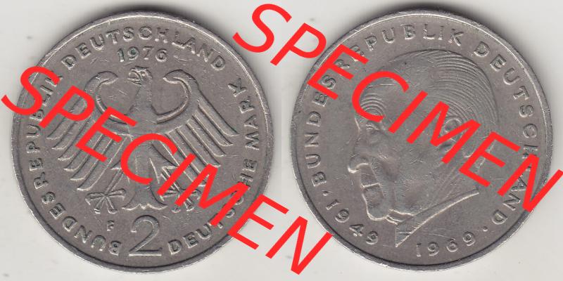 BRD Münzen 2 DM Gedenkmünze 1969-1987, 2 DM, Deutsche Mark Konrad Adenauer 1976-1 F. Vorderseite und Rückseite der Münze aus Deutschland Sammlung