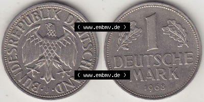 BRD Münzen 1 DM, Umlaufmünze 1950-2001, 1 DM Deutsche Mark, 1968 J-1. Vorderseite und Rückseite der Münze aus Deutschland Sammlung