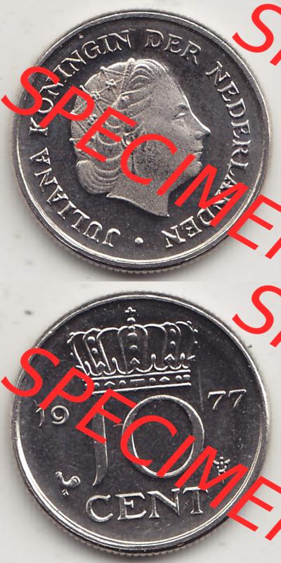 Aus offiziellen Münzensatz / KMS 1977 Niederlande 1950-1980, 10 Cent, 1977-1 JULIANA KONINGIN DER NEDERLANDEN. Vorderseite und Rückseite der Münze aus den Niederlanden Sammlung