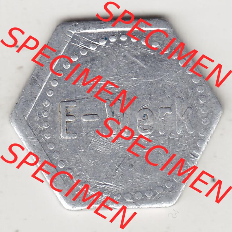 Alte Wertmarken Allgemein Glaspfand E-Werk, Sechskantige Marke. Rückseite einer Wertmarke. Das digitale Bild der Wertmarke dürfen private Sammler für sich und der Nutzung... Sammlung