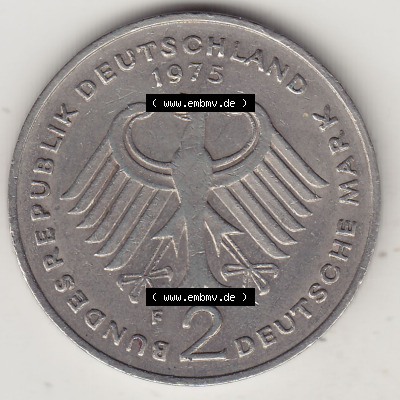 BRD Münzen 2 DM Gedenkmünze 1969-1987, 2 DM, Deutsche Mark Konrad Adenauer 1975 (Stück 1) F. Vorderseite der Münze aus Deutschland Sammlung