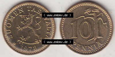 Münzen Finnland / SUOMI Eurovorläufer, Umlaufmünze vor Euroeinführung 1978-1978, Stempelglanz 1963-1982, 10 Penny, 1978 (Stück... Sammlung