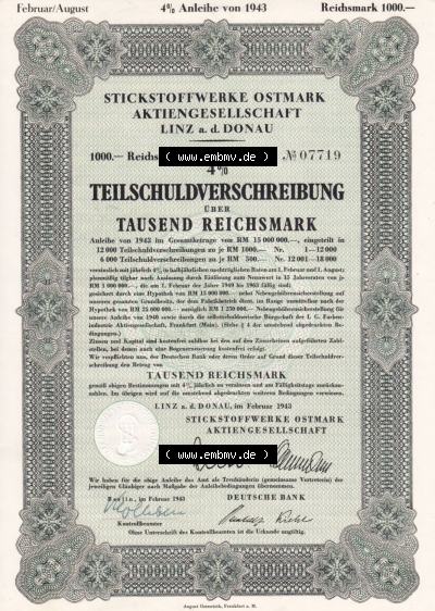 Alte Wertpapiere Österreich im Deutschen Reich 1943, Stickstoffwerke Ostmark Linz a.d. Donau, Teilschguldverschreibung über... Sammlung