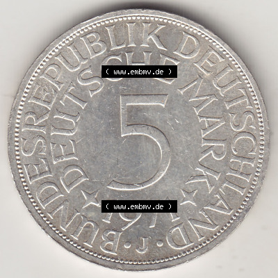 Münzen Deutsche Mark Silbermünze 1951-1974, 5 DM, 5 Deutsche Mark Silberadler, Heiermann 1971 J-1. Wert-Angabe von 5 DM der... Sammlung