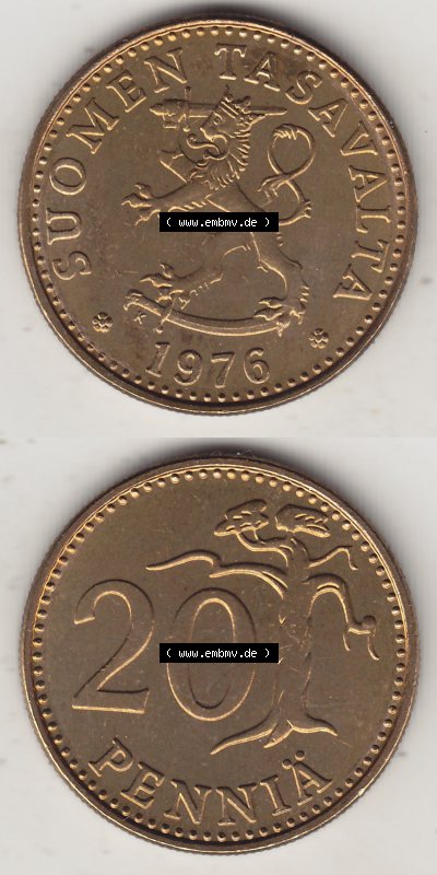 Münzen Finnland / SUOMI Eurovorläufer, Umlaufmünze vor Euroeinführung 1963-1990, 20 Penny Penniä 1976, SUOMEN TASAVALTA (4) Sammlung