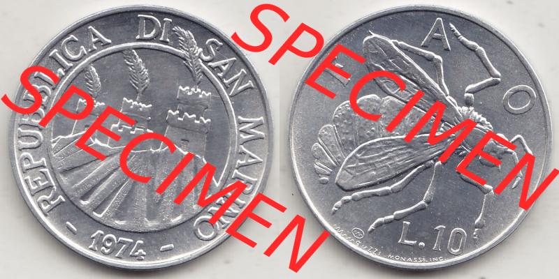 Aus offiziellen Münzensatz / KMS 1974 San Marino vor Euro 1974-1974, 10 Lire, L.10 MINGUZZI MONASSI INC. (3) Sammlung