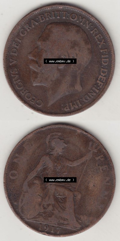 Alte Münzen Großbritannien Eurovorläufer, Umlaufmünze vor Euroeinführung 1911-1926, 1 Penny, One Penny, 1917 (Stück 1),... Sammlung
