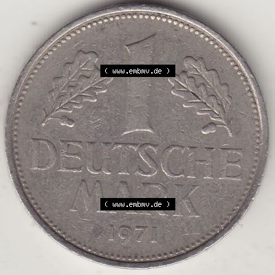 BRD Münzen 1 DM, Umlaufmünze 1950-2001, 1 DM Deutsche Mark, 1971 J-1. Rückseite der Münze aus Deutschland Sammlung