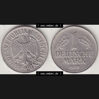 BRD Münzen 1 DM, Umlaufmünze 1950-2001, 1 DM Deutsche Mark, 1950 D-5. Vorderseite und Rückseite der Münze aus Deutschland Sammlung