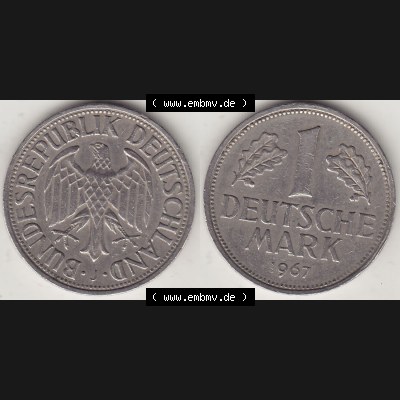BRD Münzen 1 DM, Umlaufmünze 1950-2001, 1 DM Deutsche Mark, 1967 J-1. Vorderseite und Rückseite der Münze aus Deutschland Sammlung