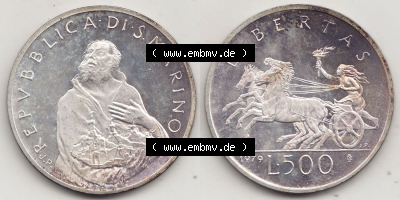 Aus offiziellen Münzensatz / KMS 1979 San Marino vor Euro 1979-1979, 500 Lire, Silbermünze J.P. REPVBBLICA DI SAN MARINO, 1979... Sammlung