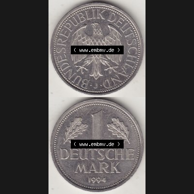 BRD Münzen 1 DM, Umlaufmünze 1950-2001, 1 DM Deutsche Mark, 1994 J-3. Vorderseite und Rückseite auf einen digitalen Bild / Foto der Münze aus Deutschland,... Sammlung