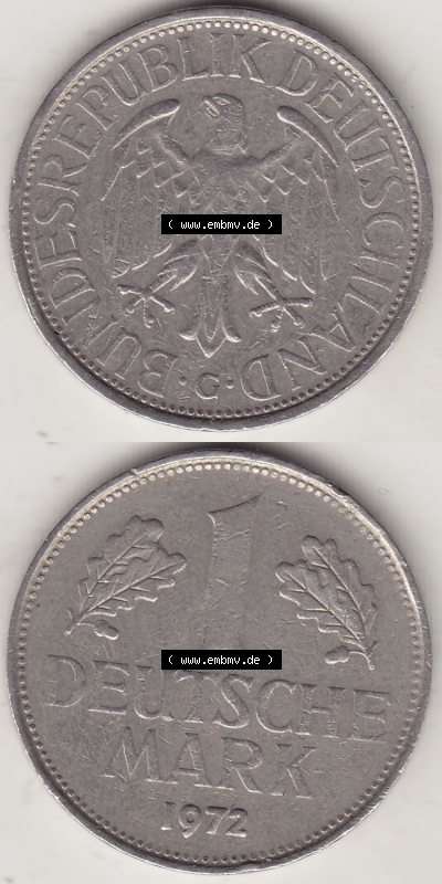 BRD Münzen 1 DM, Umlaufmünze 1950-2001, 1 DM Deutsche Mark, 1972 G-2. Vorderseite und Rückseite auf einen digitalen Bild /... Sammlung