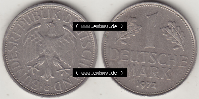 BRD Münzen 1 DM, Umlaufmünze 1950-2001, 1 DM Deutsche Mark, 1972 G-3. Vorderseite und Rückseite der Münze aus Deutschland Sammlung