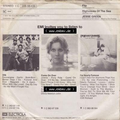 Schallplatten EMI Electrola 1976, Jesse Green mit Flip und Highwaves Of The Sea. Rückseite der Schallplatte aus privater Sammlung, verwalte deine Schallplatten-Sammlung durch einfachen... Sammlung