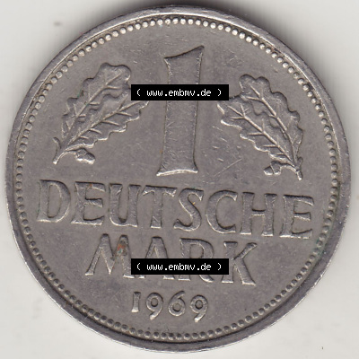 BRD Münzen 1 DM, Umlaufmünze 1950-2001, 1 DM Deutsche Mark, 1969 J-1. Rückseite der Münze aus Deutschland Sammlung