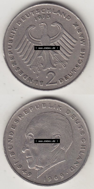 BRD Münzen 2 DM Gedenkmünze 1969-1987, 2 DM, Deutsche Mark Konrad Adenauer 1973 (Stück 1) F. Vorderseite und Rückseite auf... Sammlung