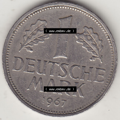 BRD Münzen 1 DM, Umlaufmünze 1950-2001, 1 DM Deutsche Mark, 1967 J-1. Rückseite der Münze aus Deutschland Sammlung