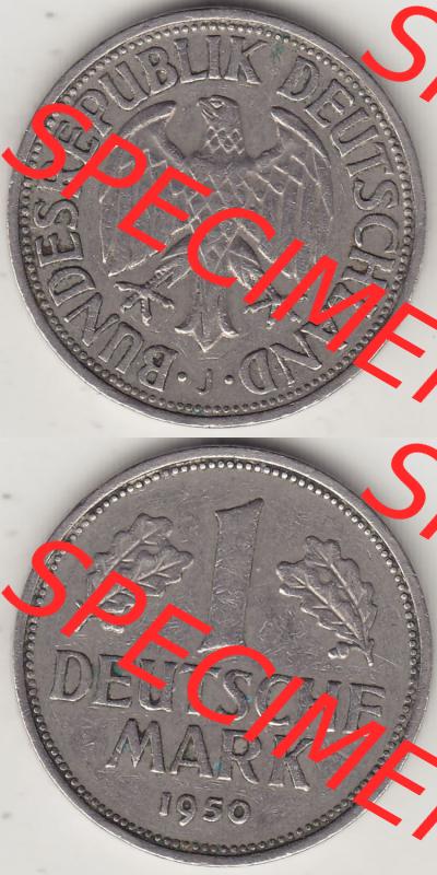 BRD Münzen 1 DM, Umlaufmünze 1950-2001, 1 DM Deutsche Mark, 1950 J-6. Vorderseite und Rückseite auf einen digitalen Bild / Foto der Münze aus Deutschland,... Sammlung