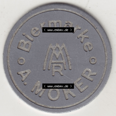 Alte Biermarken Allgemein Biermarke A. Moker. Vorderseite einer Biermarke. Das digitale Bild der Biermarke dürfen private Sammler... Sammlung