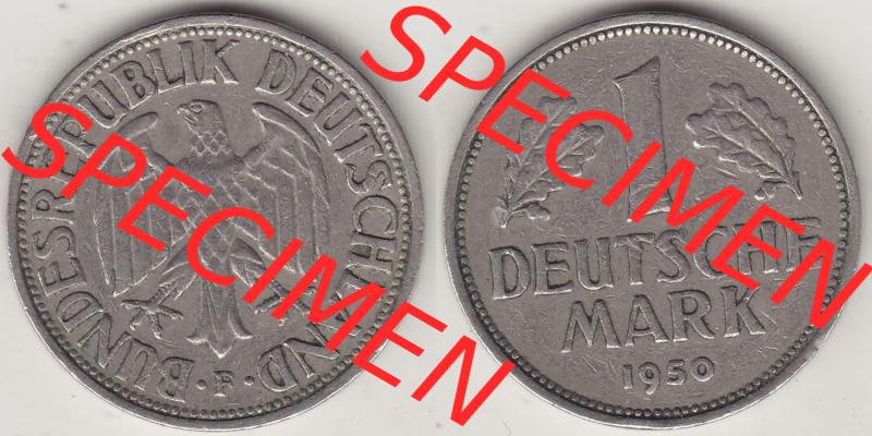 BRD Münzen 1 DM, Umlaufmünze 1950-2001, 1 DM Deutsche Mark, 1950 F-5. Vorderseite und Rückseite der Münze aus Deutschland Sammlung