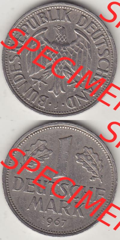 BRD Münzen 1 DM, Umlaufmünze 1950-2001, 1 DM Deutsche Mark, 1967 J-1. Vorderseite und Rückseite auf einen digitalen Bild / Foto der Münze aus Deutschland,... Sammlung