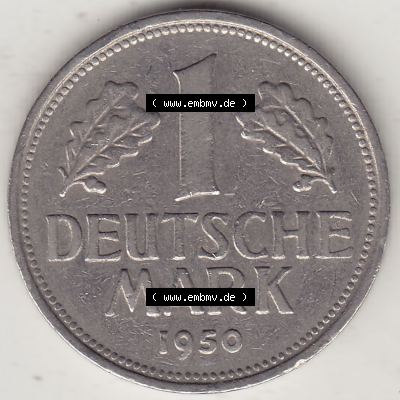 BRD Münzen 1 DM, Umlaufmünze 1950-2001, 1 DM Deutsche Mark, 1950 G-1. Rückseite der Münze aus Deutschland Sammlung
