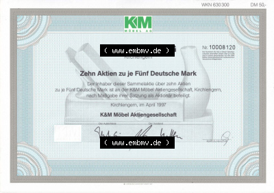 Alte Wertpapiere Bundesrepublik Deutschland in Deutsche Mark 1997, Zehn Aktien zu je Fünf Deutsche Mark, 5 DM KM Möbel AG Kirchlengern... Sammlung