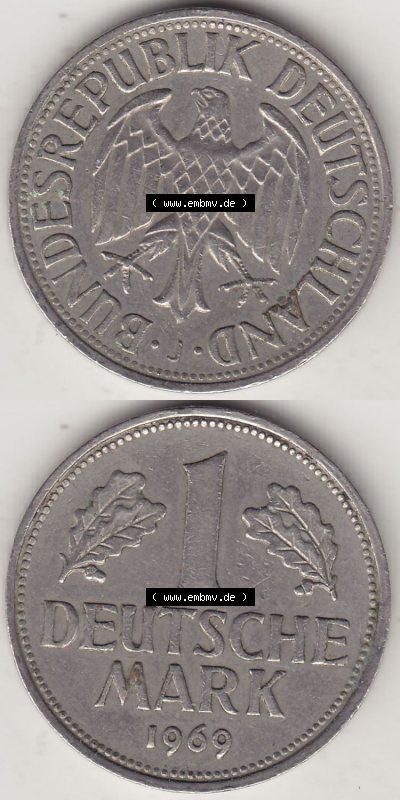 BRD Münzen 1 DM, Umlaufmünze 1950-2001, 1 DM Deutsche Mark, 1969 J-1. Vorderseite und Rückseite auf einen digitalen Bild /... Sammlung