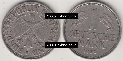 BRD Münzen 1 DM, Umlaufmünze 1950-2001, 1 DM Deutsche Mark, 1950 F-6. Vorderseite und Rückseite der Münze aus Deutschland Sammlung