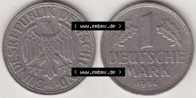 BRD Münzen 1 DM, Umlaufmünze 1950-2001, 1 DM Deutsche Mark, 1954 G-3. Vorderseite und Rückseite der Münze aus Deutschland Sammlung
