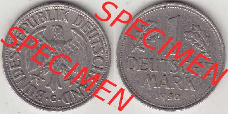BRD Münzen 1 DM, Umlaufmünze 1950-2001, 1 DM Deutsche Mark, 1950 G-2. Vorderseite und Rückseite der Münze aus Deutschland Sammlung
