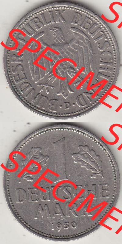BRD Münzen 1 DM, Umlaufmünze 1950-2001, 1 DM Deutsche Mark, 1950 D-1. Vorderseite und Rückseite auf einen digitalen Bild / Foto der Münze aus Deutschland,... Sammlung