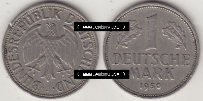 BRD Münzen 1 DM, Umlaufmünze 1950-2001, 1 DM Deutsche Mark, 1950 J-8. Vorderseite und Rückseite der Münze aus Deutschland Sammlung