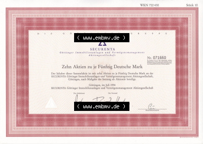 Alte Wertpapiere Bundesrepublik Deutschland in Deutsche Mark 1994, 50 DM, Fünfzig Deutsche Mark, SECURENTA Immobilienanlagen... Sammlung