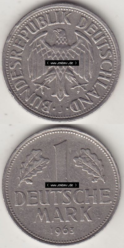 BRD Münzen 1 DM, Umlaufmünze 1950-2001, 1 DM Deutsche Mark, 1963 J-1. Vorderseite und Rückseite auf einen digitalen Bild /... Sammlung