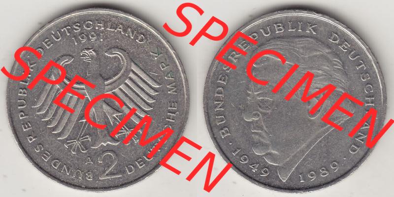 BRD Münzen 2 DM Gedenkmünze 1991-2001, 2 DM, Deutsche Mark Franz Josef Strauß 1991 A-1. Vorderseite und Rückseite der Münze aus Deutschland Sammlung
