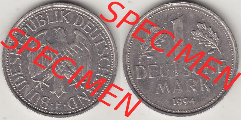 BRD Münzen 1 DM, Umlaufmünze 1950-2001, 1 DM Deutsche Mark, 1994 F-1. Vorderseite und Rückseite der Münze aus Deutschland Sammlung